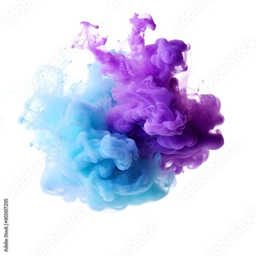Neon blue and purple multicolored smoke puff cloud design elements on a white background