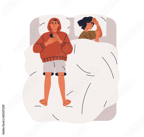 Man and woman sleeping, dreaming apart in bed. Family couple asleep, top view. Wife and husband reposing, relaxing on separate sides at night. Flat vector illustration isolated on white background
