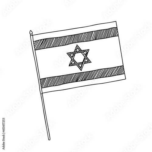 Israel flag vector, outline illustration. Vector black and white hand drawn flag.
