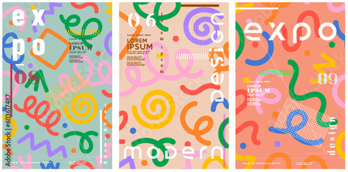Abstract art posters for an art exhibition: music, literature or painting. Vector illustrations of shapes, portraits of people, hands, spots and textures for backgrounds