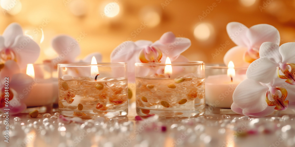 Spa still life background. Candles and orchid flower on the water background. AI Generative Spa still life background. Candles and orchid flower on the water background. AI Generative