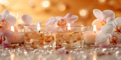 Spa still life background. Candles and orchid flower on the water background. AI Generative