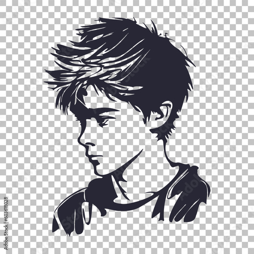 Vector monochrome simple graphic portrait of a cute sad teen boy with tousled haircut. Sticker or icon on isolated background.
