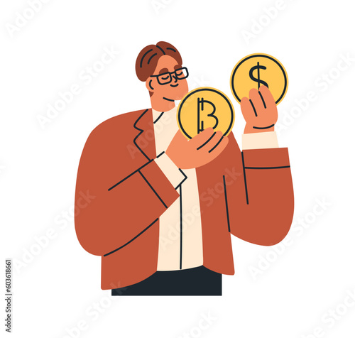 Investor, happy businessman holding money. Finance, investment, wealth, capital, income concept. Wealthy rich business man, economic expert. Flat vector illustration isolated on white background
