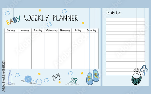 Hand drawing vector weekly planner with baby elements.