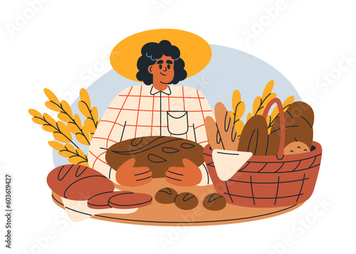 Baker vendor selling homemade bakery, sourdough bread, fresh buns, baguettes, dough products at local market. Home made baked production. Flat graphic vector illustration isolated on white background