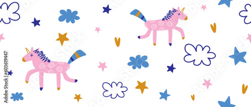 Pattern with Pink Unicorn. Colorful Hand Drawn Seamless Vector Pattern With Fairytale World. Cute Unicorn Running Among Stars, Clouds and Hearts. Magic Horse Print ideal for Wrapping Paper, Fabric.