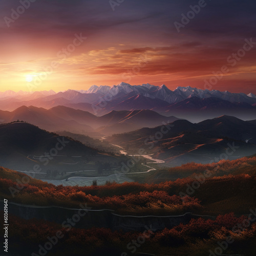 Realistic mountain view at sunset, AI generated.