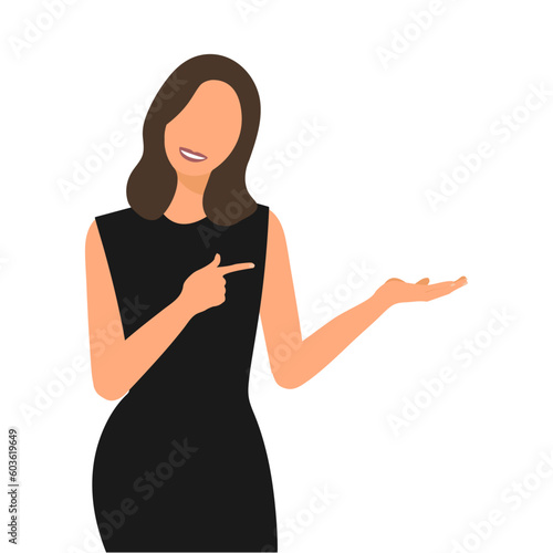 Young happy women pointing left side on a white background in formal black dress. Vector illustration, flat faceless style. 	