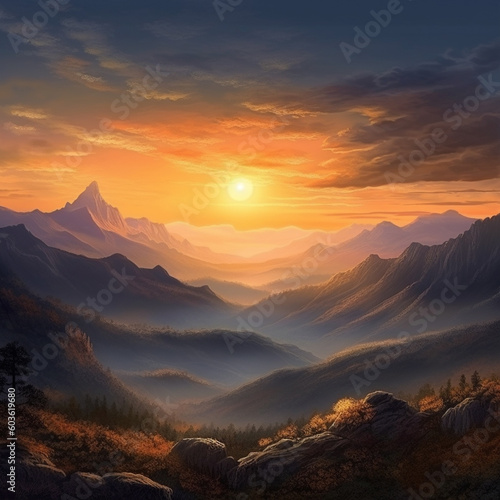 Realistic mountain view at sunset, AI generated.