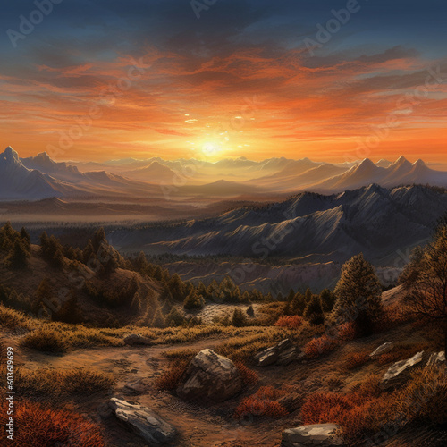 Realistic mountain view at sunset, AI generated.