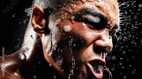 Close-up of a black boxer's face with drops of water and beads of sweat spattering from it, made with generative ai