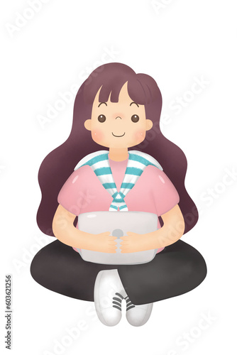 Woman sitting with Workspace .