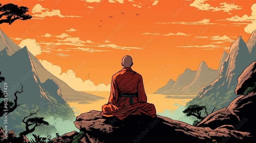 A monk meditating in a serene mountain setting. Fantasy concept , Illustration painting. Generative AI