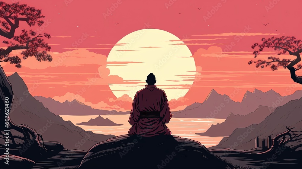A monk meditating in a serene mountain setting. Fantasy concept , Illustration painting. Generative AI - obrazy, fototapety, plakaty 