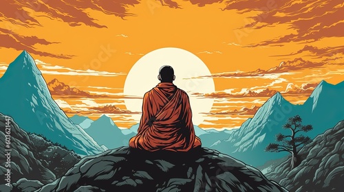 A monk meditating in a serene mountain setting. Fantasy concept , Illustration painting. Generative AI