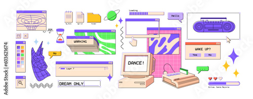 90s interface elements, UI in retro vaporwave style. 2000s digital aesthetics. Nostalgic windows, frames, popup messages set. Colored flat graphic vector illustrations isolated on white background