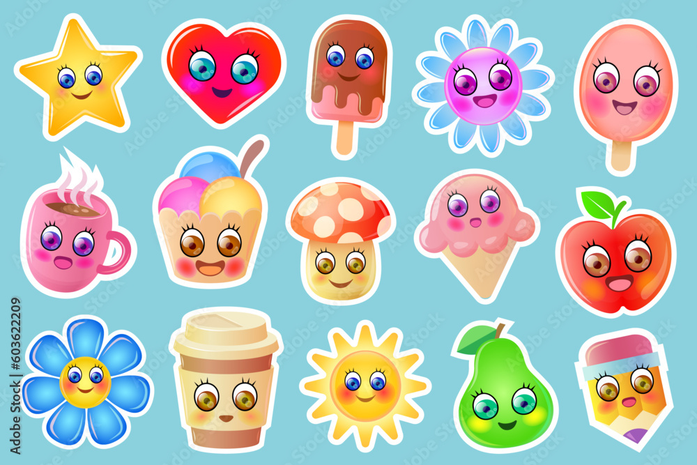 Fototapeta premium Cute stickers collection. Funny stickers with happy, funny cartoon characters. Cute flowers, ice creams, fruits and other cute characters.