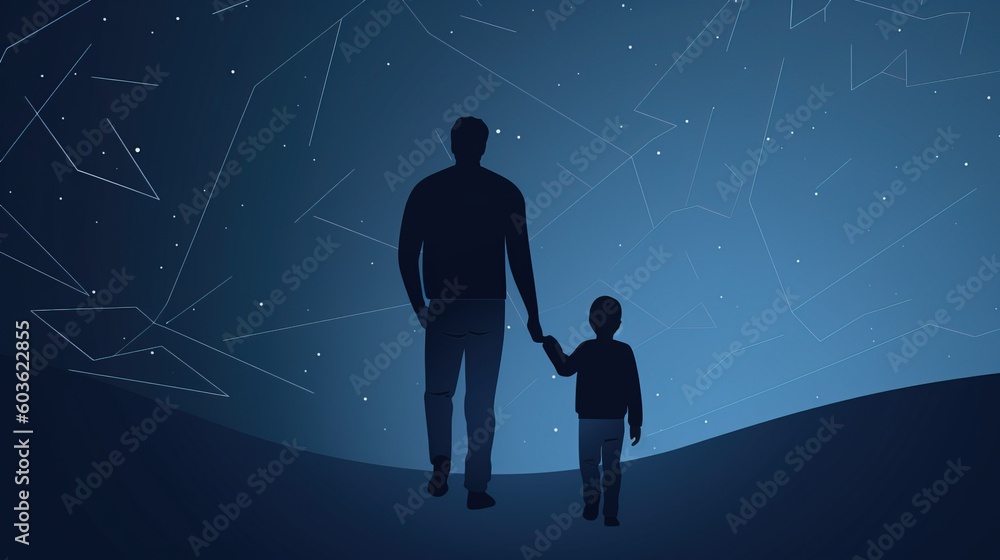 Father Day. Graphically contours of a child next to dad, wallpaper background. AI generated.