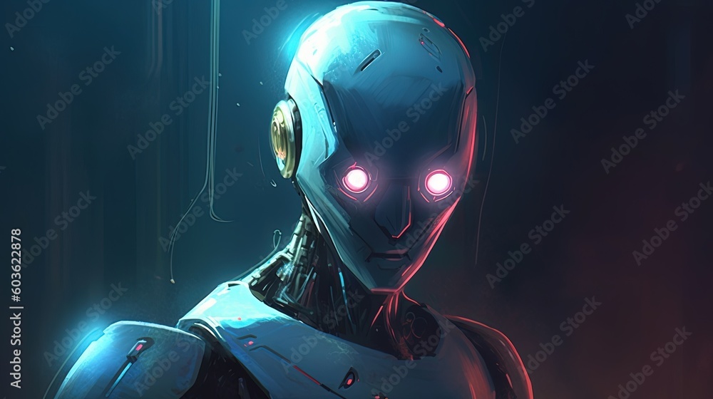 A robot with laser eyes. Fantasy concept , Illustration painting. Generative AI