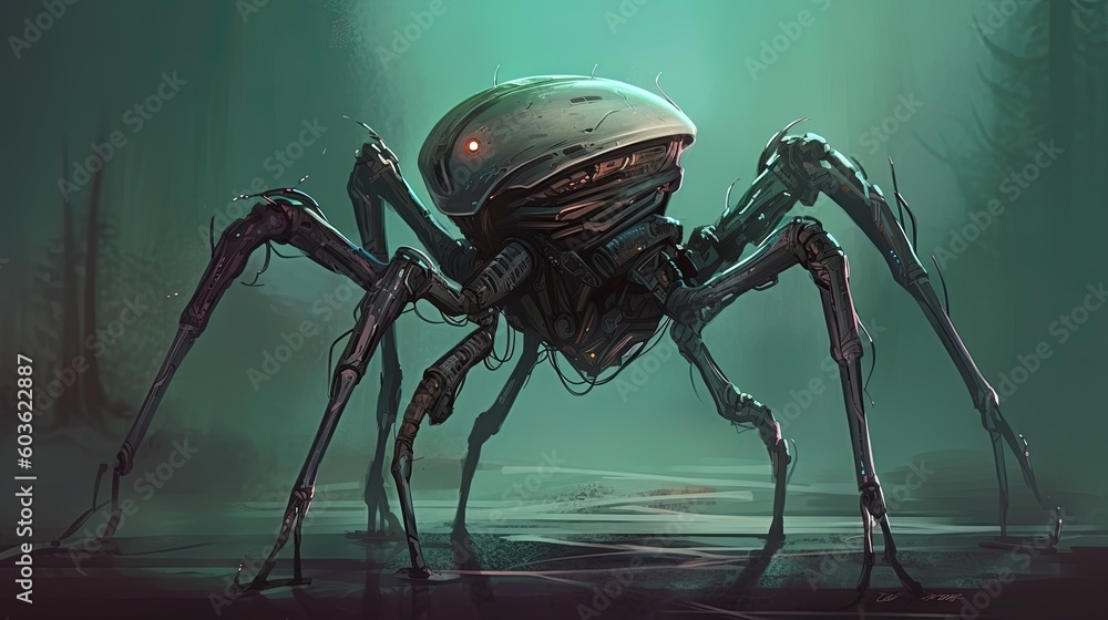 A robot with spider legs. Fantasy concept , Illustration painting. Generative AI