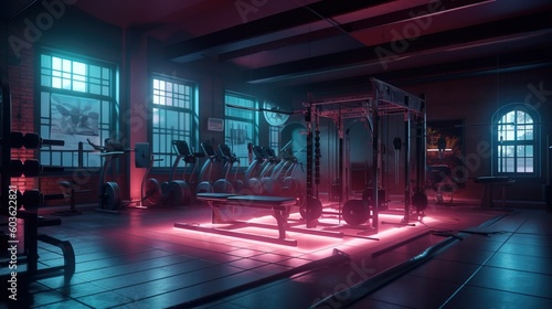 Sports empty club  fitness gym with a group of exercise machines and bike paths. AI generated.