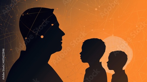 Father Day. Graphically contours of a child next to dad, wallpaper background. AI generated.