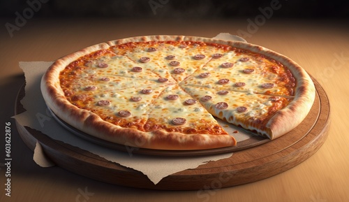 Quattro formaggi pizza, four cheeses. Cheesy pizza slices on a dark background. AI generated.