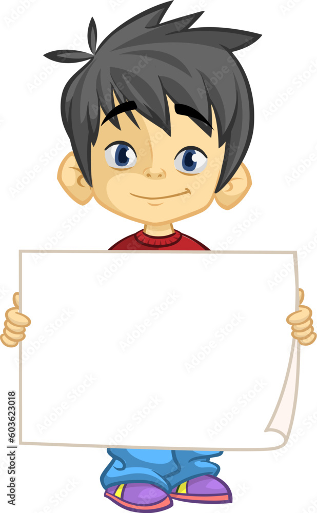 Cute cartoon boy child holding blank paper or advertisement board for text. Vector ilustration Cute cartoon boy child holding blank paper or advertisement board for text. Vector ilustration