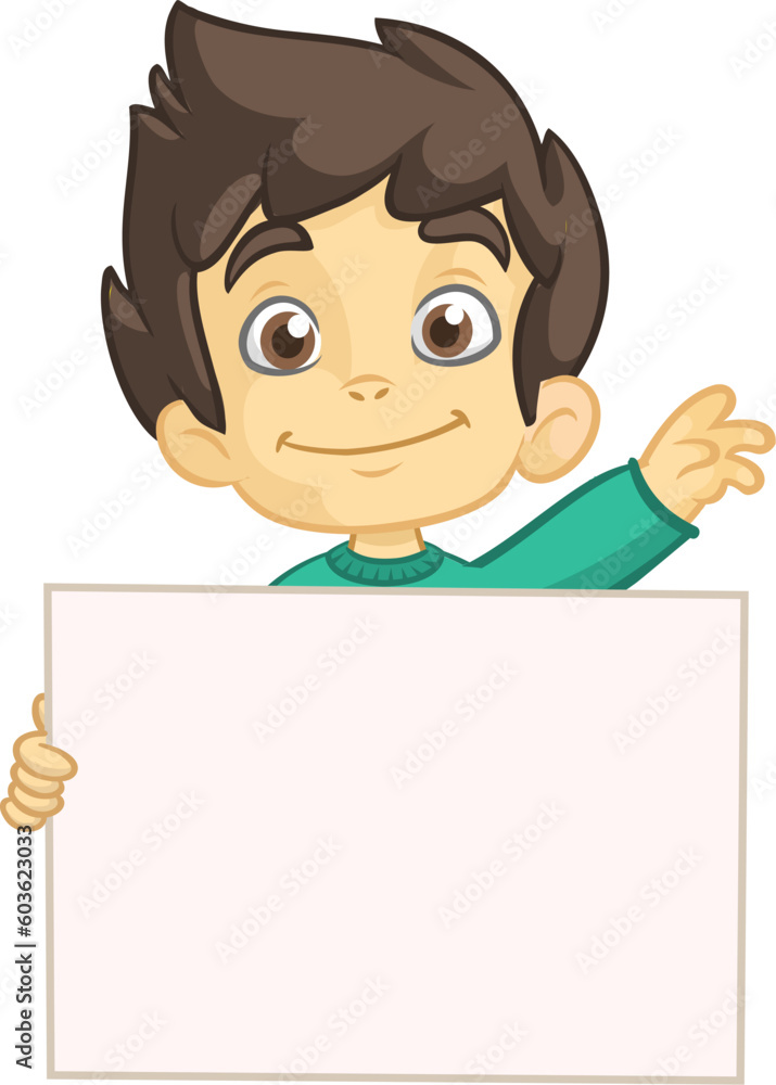 Cute cartoon boy child holding blank paper or advertisement board for text. Vector ilustration Cute cartoon boy child holding blank paper or advertisement board for text. Vector ilustration