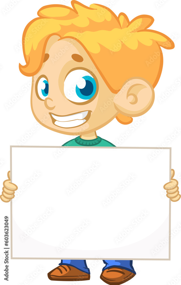 Cute cartoon boy child holding blank paper or advertisement board for text. Vector ilustration