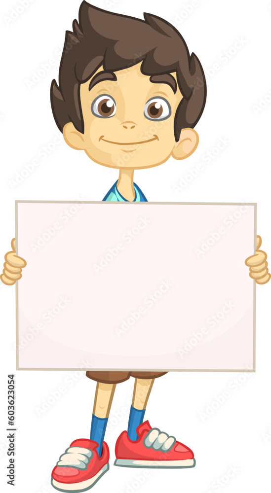Cute cartoon boy child holding blank paper or advertisement board for text. Vector ilustration Cute cartoon boy child holding blank paper or advertisement board for text. Vector ilustration