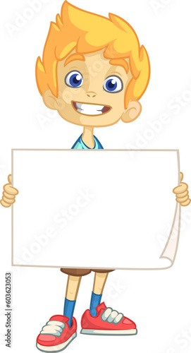 Cute cartoon boy child holding blank paper or advertisement board for text. Vector ilustration