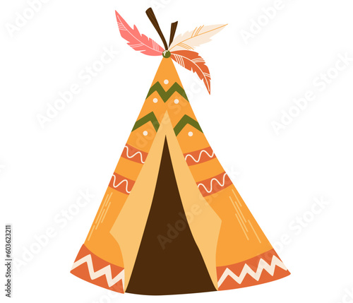 Native teepee tent. American Native Tent for Wildlife. Ideal for printing, postcards, decorating a children room. Flat cartoon vector illustration isolated on the white background. 