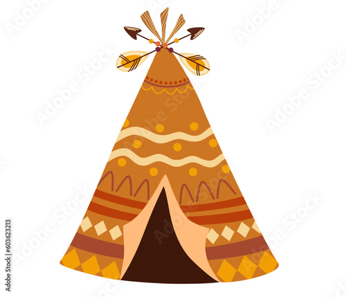 Kids wigwam tent with feathers and arrows. Native American teepee tent. Flat cartoon vector illustration isolated on the white background.