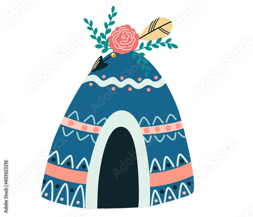 Native teepee tent. American Native wigwam Tent for Kids in boho style. Ideal for printing, postcards, decorating a children room. Flat cartoon vector illustration isolated on the white background. 