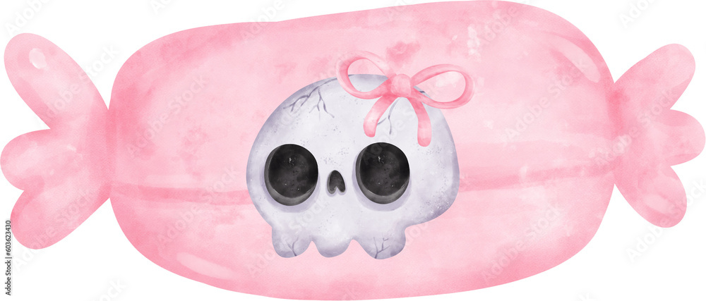 Fototapeta premium Cute Pink Halloween sweet candy cane cartoon hand painted watercolor illustration