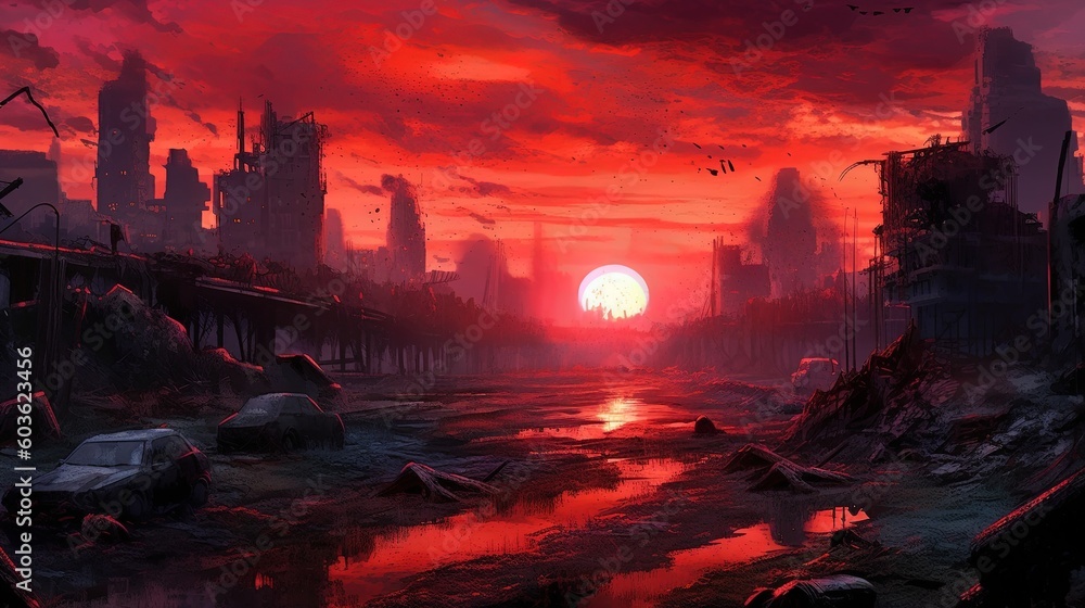 A post-apocalyptic wasteland with a blood-red sky in the background. Fantasy concept , Illustration painting. Generative AI - obrazy, fototapety, plakaty 