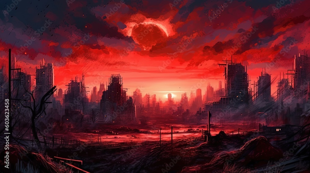 A post-apocalyptic wasteland with a blood-red sky in the background. Fantasy concept , Illustration painting. Generative AI A post-apocalyptic wasteland with a blood-red sky in the background. Fantasy concept , Illustration painting. Generative AI