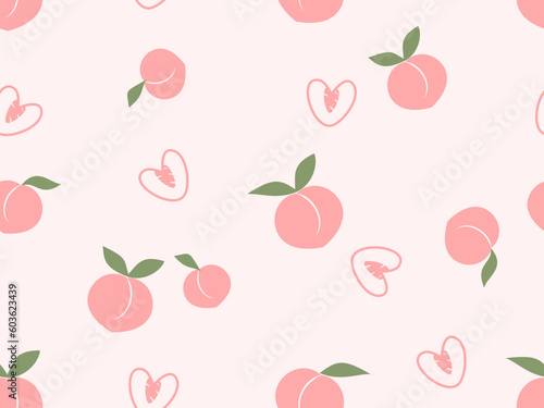 Seamless pattern with peach fruit and green leaves on pink background vector illustration. Cute fruit print.