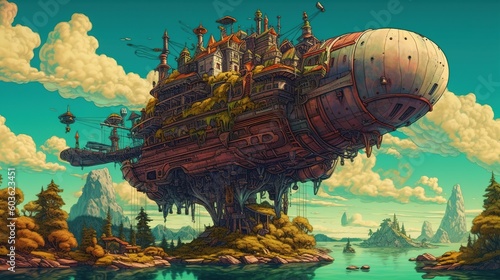 A steampunk airship flying over a floating island. Fantasy concept , Illustration painting. Generative AI