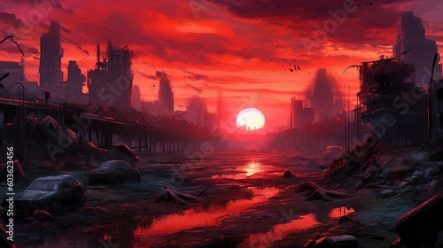 A post-apocalyptic wasteland with a blood-red sky in the background. Fantasy concept , Illustration painting. Generative AI photo