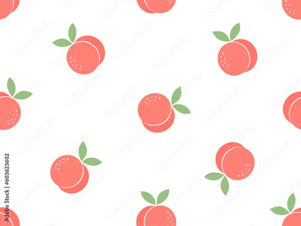 Seamless pattern of peach fruit with green leaves on white background vector illustration. Cute fruit print. Seamless pattern of peach fruit with green leaves on white background vector illustration. Cute fruit print.
