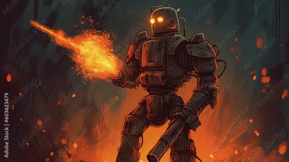 A robot with a flamethrower. Fantasy concept , Illustration painting. Generative AI