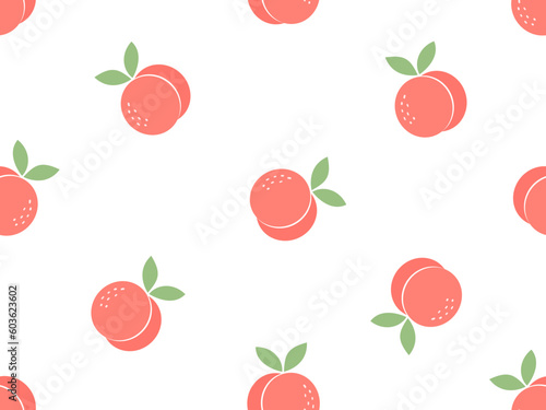 Seamless pattern of peach fruit with green leaves on white background vector illustration. Cute fruit print.