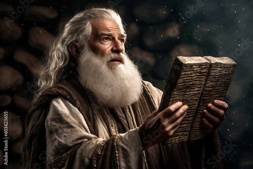 Moses, the wise and determined leader, with a flowing white beard and a commanding presence, holding the stone tablets of the Ten Commandments, bokeh Generative AI photo