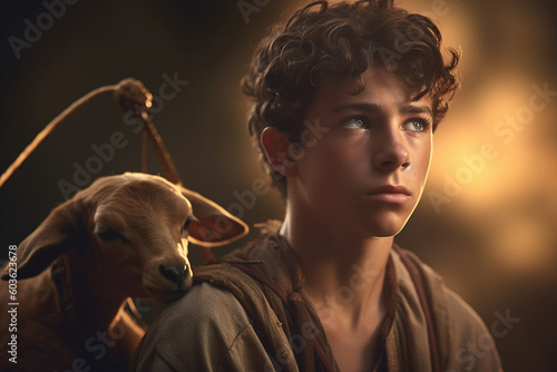David, the courageous shepherd and mighty king, with a youthful face and a slingshot casually slung over his shoulder, bokeh Generative AI photo