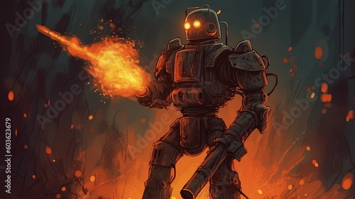 A robot with a flamethrower. Fantasy concept , Illustration painting. Generative AI © X-Poser