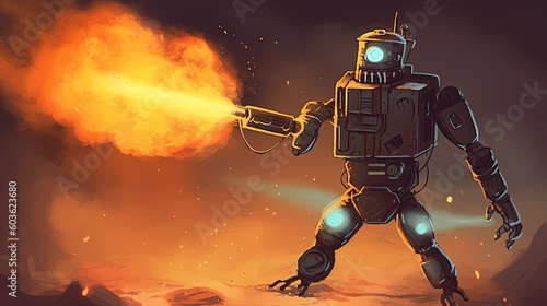 A robot with a flamethrower. Fantasy concept   Illustration painting. Generative AI