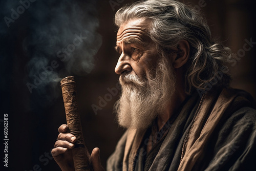 Nicodemus, the curious and cautious Pharisee, with a scholarly appearance and a contemplative expression, holding a scroll of scripture, bokeh Generative AI photo